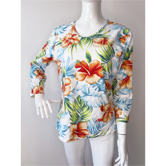 J. MCLAUGHLIN Smooth Stretch Tropical Hibiscus Floral Top - Picture 1 of 4